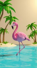 A pink flamingo stands in a tranquil, low-poly tropical scene, highlighting the vibrant colors and simple shapes of a digital art piece.