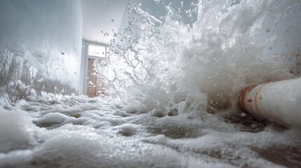 Violent water surge erupts from pipe, flooding room with powerful, chaotic spray and foamy bubbles, dramatic emergency scene