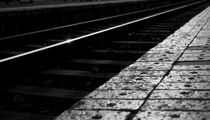 Black and white close-up of railway tracks and platform tiles  