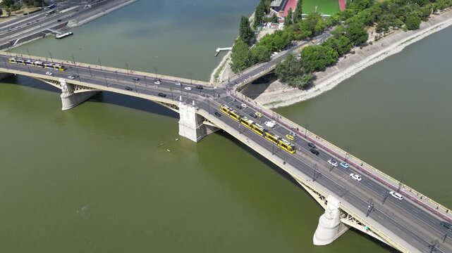 Aerial shot of Margaret island (Margitsziget) and Margaret Bridge (Margit h&iacute;d) in Budapest.