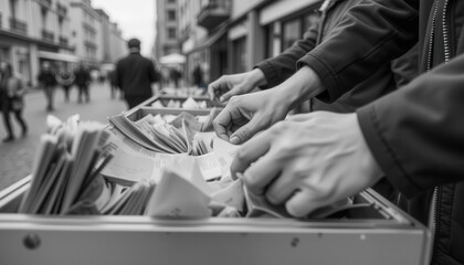 People browsing through papers at a street vendor in black and white  