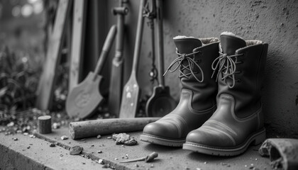 Work boots resting beside gardening tools on outdoor surface  