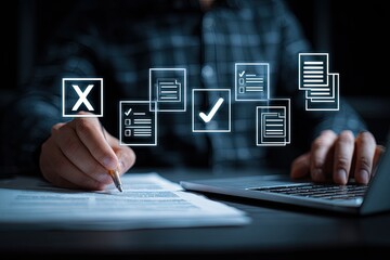 Person reviewing documents with checkboxes and marks
