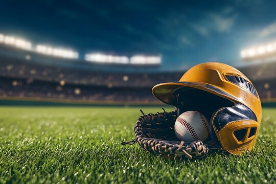 A baseball helmet and glove with a ball sitting on a grassy field in a stadium on a cloudy day