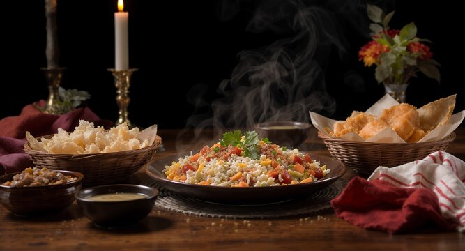Steaming Vegetable Rice Dish with Crispy Sides and Dips on Wooden Table, Candlelight Setting