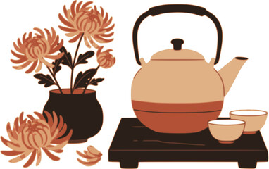 Respect For Aged Day Japan, Chrysanthemum and Tea Flat Vector Illustration-敬老の日