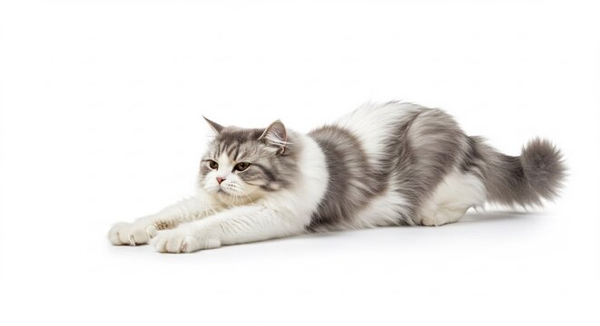 Grazil streckt Katze sich elegant auf weissem Hintergrund sanft aus. AI Generated