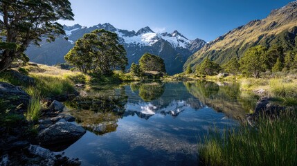 Serene alpine lake reflecting snow-capped peaks. Lush greenery surrounds the tranquil water