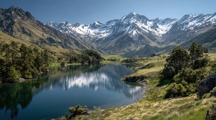 Fototapeta premium Mountain lake reflecting snow-capped peaks
