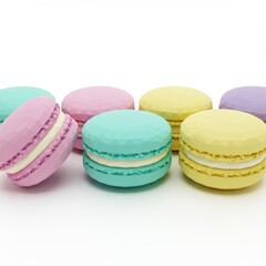 Fototapeta premium Colorful macarons in pastel shades, arranged in a delightful display against a simple white background.