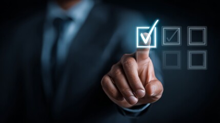 Confidently selecting the next task, a professional hand interacts with a glowing digital checklist, signifying progress and goal achievement in modern business operations