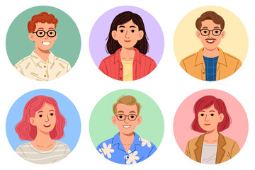 Group avatars of people, character portraits, and office workers in colorful circular frames