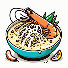 Cartoon Style Creamy Shrimp Noodle Soup Bowl Delicious Asian Food