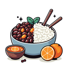 Cartoon Style Black Bean and Rice Bowl with Orange Illustration