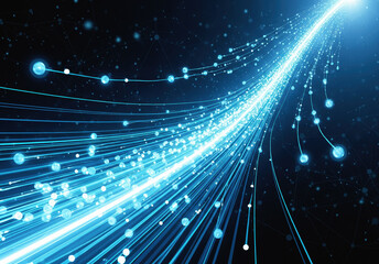 Obraz premium Digital network connections with glowing fiber optic data streams. Blue cyber technology background featuring internet communication infrastructure, neural patterns, and information flow.