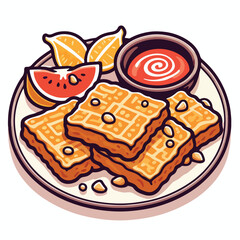 Cartoon Style Delicious Waffles with Fruit and Sauce Food Illustration