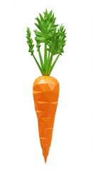 A vibrant, low-poly carrot with bright green leaves stands out against a plain white background.