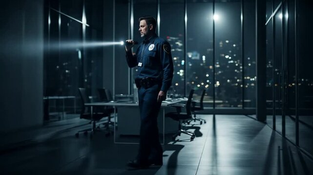 Searching Security Guard Shining Flashlight in Dark Modern Office at Night

