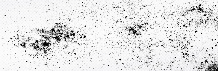 Black splatter and dust particles on transparent background. Abstract grunge texture with scattered dots, smudges, and grainy noise.