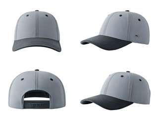 Four-view rendering of a light gray baseball cap with dark gray visor