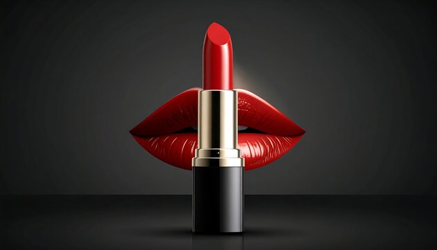 Close-up of a red lipstick against a dark background with a pair of lips. Glossy, realistic rendering of product - Powered by Adobe