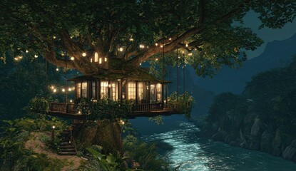 Lush treehouse at night, nestled in a jungle beside a river