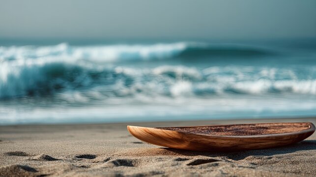 Wooden tray on sandy beach, ocean waves in background