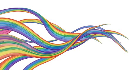 Vibrant rainbow ribbons flow dynamically, creating a sense of joy, celebration, and artistic expression against a clean white background.