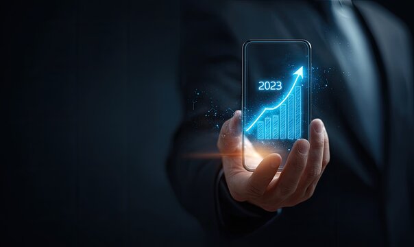 Businessman holds a phone displaying a glowing 2023 growth chart