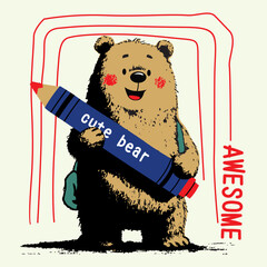 Cartoon bear smiling while holding big crayon with fun comic style
