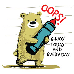Cute cartoon bear carrying big crayon with fun artistic style
