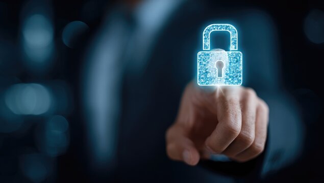 Businessman's finger hovers over a glowing digital padlock