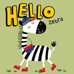 Cute zebra character with bag shoes and hat on green background
