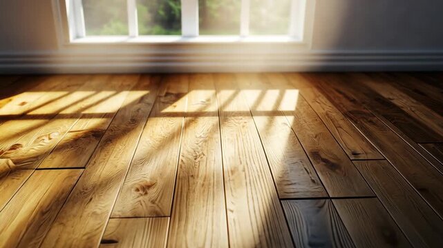 Wooden Floor with Sunlight and Window View.