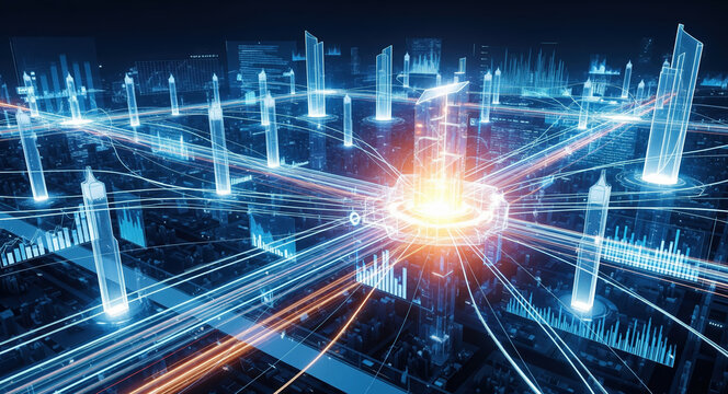 Digital network connectivity over smart city skyline. Data transmission, cyber infrastructure visualization. Futuristic urban technology, wireless communication, glowing light trails, analytics.