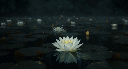 Water Lilies in Dark Water, Peaceful Night Scene, Serene Pond, Nature Photography