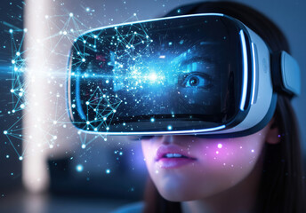 Woman wearing vr headset with digital network visualization. Virtual reality technology, cyber space exploration, futuristic interface experience. Immersive world, artificial intelligence concept.