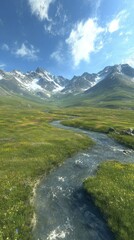 Alpine Meadow With River And Mountain Range