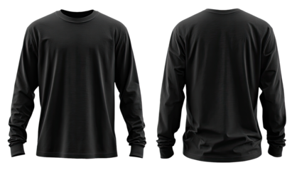 Black long-sleeve crew neck t-shirt mockup, front and back views