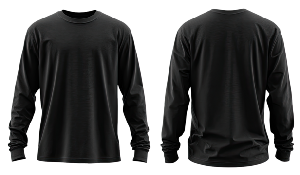 Black long-sleeve crew neck t-shirt mockup, front and back views