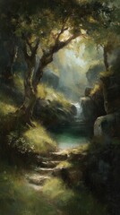 Peaceful Forest Pathway With Waterfall