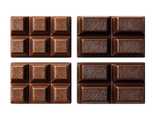 Obraz premium Four dark chocolate bars, top view. Each bar has a grid of squares. Slight texture variations