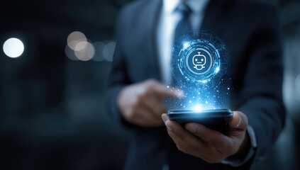 Businessman holds phone with holographic robot icon