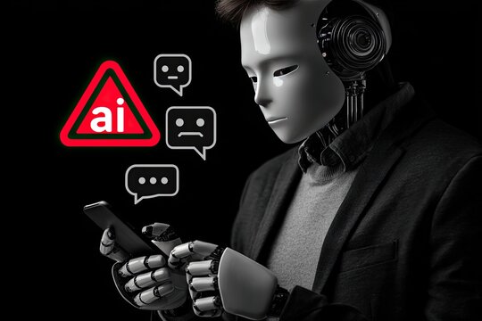 AI robot with warning symbol, looking at a phone with negative feedback - Powered by Adobe
