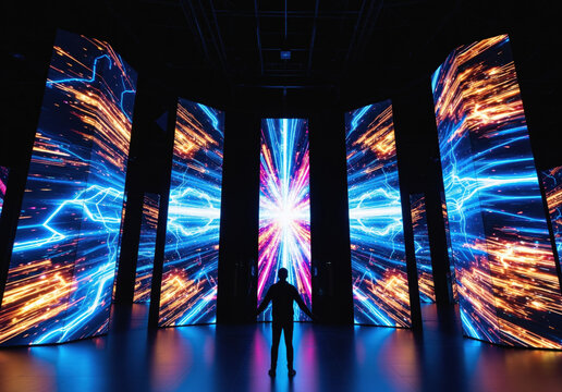 Person silhouette stands before immersive digital display installation with colorful light projections. Interactive multimedia exhibition features dynamic screens, futuristic technology environment.