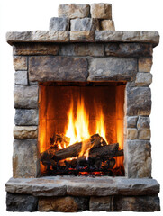 fireplace with burning wood on a isolated white background.