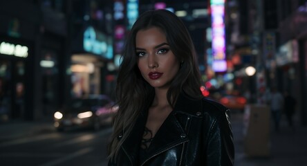 Woman in leather jacket at night, city lights bokeh background, fashion portrait, urban lifestyle