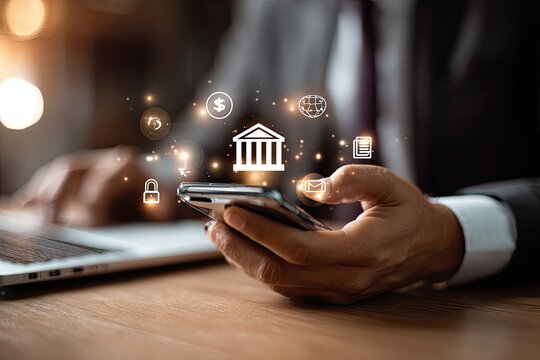 Close-up of person using smartphone with banking app overlay