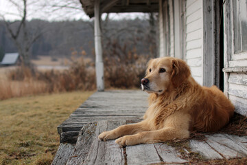 Golden retriever dog lying on a wooden porch, gazing forward with attentive expression in natural outdoor lighting.