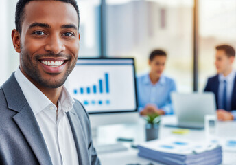 Confident businessman smiles in modern office environment. Professional executive in formal suit stands near analytics dashboard with growth charts, data visualization. Successful corporate leader